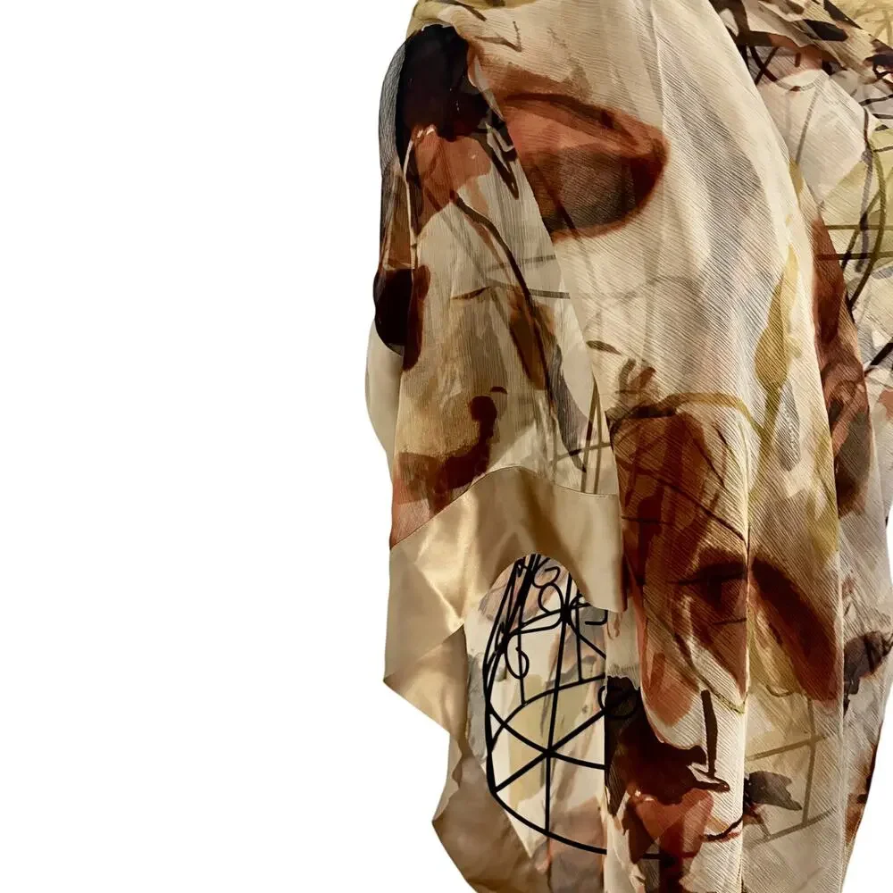 Vintage Ellen Tracy 100% Silk & Satin Abstract Floral Leaf Print Scarf Wrap